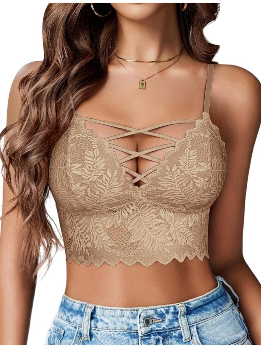 Women's Latte V Neck Lace Camisole Strappy Cami Unpadded Bra Lingerie Tank Top